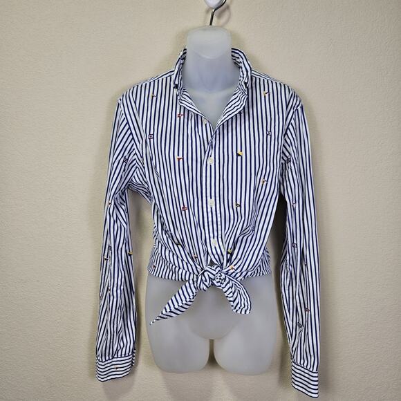 Ralph Lauren Womens Pennant Blouse Nautical Flag Button Down Striped Embroider M - Picture 16 of 16